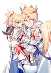  absurdres ahoge artoria_pendragon_(all) artoria_pendragon_(lancer) bangs braid carrying cloak crown dun_stallion eyebrows_visible_through_hair fangs fate/apocrypha fate/grand_order fate_(series) fur_collar gauntlets green_eyes half_updo highres horse light_smile mordred_(fate) mordred_(fate)_(all) mother_and_daughter multiple_girls open_mouth parted_lips petting ponytail sidelocks simple_background smile white_background yorukun younger 