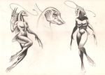  2012 antennae big_breasts black_and_white breasts captainninja featureless_breasts featureless_crotch female fish frill front_view full-length_portrait hybrid marine monochrome navel nude portrait shadow simple_background sketch snout solo 