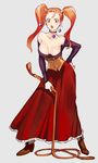  bad_id bad_pixiv_id bare_shoulders beads blush boots bow breasts choker cleavage collarbone corset dragon_quest dragon_quest_viii earrings eyelashes grey_background hand_on_hip holding holding_weapon jessica_albert jewelry large_breasts long_hair long_skirt off_shoulder open_mouth purple_shirt red_eyes red_hair red_skirt shiny shiny_skin shirt simple_background skirt solo twintails weapon whip zakki 