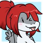  breasts cleavage clothed clothing cute female fish grey_skin hair marine nicole one_eye_closed peace_sign_(disambiguation) red_hair shark skoryx tongue tongue_out wink 