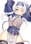  ainu ainu_clothes blue_eyes blush breasts chain cropped_jacket folded_ponytail hair_between_eyes highres kamoi_(kantai_collection) kantai_collection large_breasts long_hair ntk_(7t5) one_eye_closed open_mouth sidelocks simple_background solo white_background white_hair 