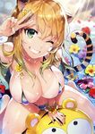  absurdres animal_ears armpits bare_legs bare_shoulders barefoot bikini bikini_tan blonde_hair blurry breasts cleavage day depth_of_field eyebrows_visible_through_hair flower flower_bracelet gradient_hair green_eyes green_hair grin hibiscus highres huge_filesize kotora_(toranoana) large_breasts looking_at_viewer multicolored_hair nail_polish one_eye_closed outdoors redrop scan skindentation smile solo sparkle striped striped_bikini sunlight swimsuit tail tan tanline tiger_ears tiger_tail toranoana v wet 
