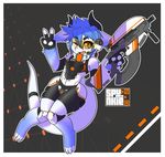  2017 anthro armor claws clothed clothing cub digital_media_(artwork) dragon eyebrows fur gun hair holding_object holding_weapon horn looking_at_viewer machine male mammal ranged_weapon science_fiction shota simple_background smile solo spunkie teeth text tight_clothing toe_claws weapon white_fur young 
