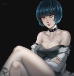  1girl bare_shoulders blue_hair bowl_cut breasts brown_eyes choker cleavage collar collarbone eyebrows_visible_through_hair highres labcoat large_breasts legs_crossed looking_at_viewer nail_polish parted_lips persona persona_5 ragecndy short_hair simple_background sitting solo studded_collar takemi_tae 