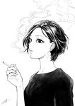  blowing_smoke cigarette close-up commentary ear_piercing earrings eyelashes fingernails from_side greyscale highres holding holding_cigarette jewelry looking_at_viewer monochrome nikaidou_kou open_mouth original piercing ring short_hair signature simple_background smoking solo upper_body white_background 