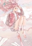  artist_name full_body hand_in_pocket hand_up jacket jewelry long_hair looking_to_the_side necklace original paper_airplane peyo_han pink_eyes pink_footwear pink_hair pink_ribbon ribbon shoes skirt socks white_legwear white_skirt wind 