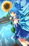  blue_dress blue_eyes blue_hair blue_sky cirno cloud day dress dutch_angle flower hair_ribbon looking_at_viewer luke_(kyeftss) misty_lake mountain outdoors outstretched_hand puffy_short_sleeves puffy_sleeves reaching_out reflection ribbon scarlet_devil_mansion short_hair short_sleeves sky smile solo sunflower touhou wings 