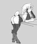  2017 bent_over beverage butt caprine clothing female fur hi_res krisha_russel looking_at_viewer mammal paperclip_(artist) raised_tail sheep shirt simple_background skirt solo white_fur 
