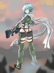  1girl aqua_eyes aqua_hair ass breasts butt_crack chaps from_behind gun hairclip holding_weapon looking_at_viewer looking_back nogami_aki scarf shinon_(sao) shiny shiny_hair short_hair short_shorts shorts sniper_rifle solo sword_art_online weapon 