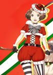  axe bell belt black_gloves brown_eyes brown_hair choker christmas commentary_request cropped_jacket cross-laced_clothes feathers frilled_hat frills gloves hat highres holly mismatched_legwear okumura_haru open_mouth pantyhose persona persona_5 poco_(backboa) ribbon sack signature solo striped striped_legwear vertical-striped_legwear vertical_stripes weapon 