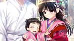  2girls baby black_hair blush carrying_under_arm closed_eyes game_cg haruru_minamo_ni! headdress highres japanese_clothes kimono layered_clothing layered_kimono long_hair long_sleeves maetenkan multiple_girls official_art open_mouth red_eyes shintarou short_hair smile yamagami_miori 