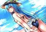  adjusting_clothes adjusting_swimsuit ass blue_hair blue_sky breasts brown_eyes cloud cloudy_sky commentary_request cowboy_shot day food from_behind fruit hair_between_eyes hat hinanawi_tenshi long_hair looking_at_viewer outdoors peach sideboob sketch sky small_breasts solo string_bikini sun_hat swimsuit touhou very_long_hair yuhito_(ablbex) 