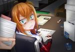  alternate_costume alternate_hairstyle angry blonde_hair blue_eyes box floppy_disk girls_frontline kalina_(girls_frontline) lamp looking_at_viewer otz_(aioerk) paper paperwork pen solo_focus writing 