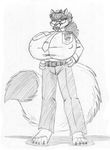  2017 anthro badge barefoot big_breasts breasts canine chalenthra_vonic claws clothing dipstick_tail eyewear female fluffy fluffy_tail fox glasses greyscale hands_on_hips huge_breasts inner_ear_fluff looking_at_viewer mammal monochrome multicolored_tail necktie nipple_bulge simple_background solo toe_claws uniform wolfkidd 
