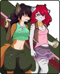  anthro blue_eyes blush canine cat clothed clothing duo eye_contact feline female female/female fox fur hair hand_holding holding_object interspecies love mammal piercing red_hair romantic_couple smile stripes vixenslife 