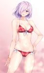  ass_visible_through_thighs bikini bracelet breasts cowboy_shot fate/grand_order fate_(series) follen_(639594) front-tie_top hair_over_one_eye highres jewelry looking_at_viewer mash_kyrielight medium_breasts navel plaid plaid_bikini purple_eyes purple_hair red_bikini short_hair side-tie_bikini solo standing swimsuit 