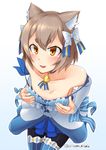  :3 :d absurdres animal_ears armpits bangs bare_shoulders black_legwear blue_background blue_choker blue_dress blue_legwear blue_ribbon blush bob_cut bolo_tie bow bow_dress breasts brown_hair cat_ears choker cleavage collarbone commentary_request cowboy_shot cross-laced_clothes detached_sleeves dress dress_bow dress_pull eyebrows_visible_through_hair eyelashes felix_argyle frilled_dress frills front-tie_top gradient gradient_background hair_between_eyes hair_bow hair_ribbon highres jewelry kirisame_mia lace lace-trimmed_dress lace-trimmed_sleeves layered_dress leaning_forward legs_together looking_at_viewer male_focus open_mouth orange_eyes otoko_no_ko pantyhose parted_bangs pendant puffy_chest re:zero_kara_hajimeru_isekai_seikatsu ribbon shiny shiny_skin short_dress short_eyebrows short_hair simple_background smile solo spaghetti_strap standing striped striped_legwear striped_ribbon teeth thick_eyebrows thighhighs thighhighs_over_pantyhose twitter_username vertical-striped_dress vertical-striped_legwear vertical_stripes white_background white_bow 