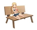  bangs barefoot bench blonde_hair blue_skirt chyo crop_top cup drinking drinking_straw dungeon_and_fighter grey_eyes hair_between_eyes highres holding long_hair looking_at_viewer low_twintails midriff navel pointy_ears sailor_collar simple_background sitting skirt smoothie solo twintails very_long_hair white_background 