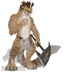  alpha_channel anthro axe blackchaos666 charr claws clothing fangs feline female flat_chested fluffy fluffy_tail fur green_eyes guild_wars hi_res horn looking_at_viewer mammal mane melee_weapon multi_ear simple_background solo tan_fur transparent_background url video_games watermark weapon 