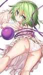  ass bare_legs bent_over bright_pupils cameltoe commentary_request from_behind green_eyes green_hair hair_between_eyes half-closed_eyes komeiji_koishi looking_at_viewer looking_back manarou panties sleeves_past_wrists solo thighhighs touhou underwear white_panties wide_sleeves 