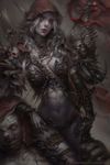 1girl armor arrow artist_name bangs belt between_breasts bikini_armor bow_(weapon) bra braid breastplate breasts cape carrying carrying_over_shoulder chainmail cloak closed_mouth cowboy_shot curly_hair dark_background deviantart_username earrings elf empty_eyes enshanlee expressionless eyelashes feather_trim feathers fingernails floating_object french_braid gauntlets gloves glowing glowing_eyes hand_on_another&#039;s_head head_tilt highres hood horn horn_ornament horns jewelry leather leather_gloves leg_grab legs_together lips long_eyebrows long_fingernails long_hair looking_afar makeup medium_breasts monster muscle naked_armor navel ornate_armor pale_skin pauldrons pointy_ears quiver red_cape red_cloak red_clothes red_eyes red_lips ring scar scarf shade shoulder_armor shoulder_carry shoulder_pads silver_hair single_glove sitting sitting_on_person sitting_on_shoulder skull solo spikes stitches stomach strap strap_cleavage string sylvanas_windrunner thighs thong underwear warcraft watermark weapon weapon_on_back web_address white_hair wind world_of_warcraft wristband zombie 