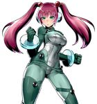  aqua_eyes blue_eyes bodysuit clenched_hands closed_mouth cowboy_shot daichan_mona dot_nose green_bodysuit long_hair looking_at_viewer metal_slug metal_slug_attack nova_(metal_slug) official_art pink_hair red_hair solo tight transparent_background twintails 