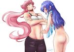  2girls ass blue_eyes blue_hair blush breasts groin kazanari_tsubasa large_breasts maria_cadenzavna_eve navel nude pink_hair red_eyes senki_zesshou_symphogear yuri 