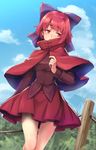  bangs blue_sky blush bow capelet cloud cloudy_sky cowboy_shot day eyebrows_visible_through_hair fence hair_bow highres long_sleeves outdoors purple_bow red_eyes red_hair red_skirt sekibanki short_hair skirt sky solo sweat thigh_gap touhou usotsuki_penta 