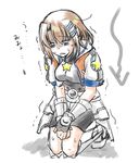  belt bike_shorts blue_eyes breasts brown_hair cosplay cropped_jacket directional_arrow faulds gauntlets hair_ornament hairclip jacket kneeling lyrical_nanoha magical_girl mahou_shoujo_lyrical_nanoha_vivid medium_breasts miura_rinaldi miura_rinaldi_(cosplay) open_clothes open_jacket open_mouth pain parody san-pon short_hair short_sleeves solo star track_jacket translated trembling uu~ yagami_hayate 