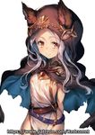  animal_ears arms_behind_back artist_name blush breasts cat_ears cloak covered_nipples ears_through_headwear erune granblue_fantasy hood hooded_cloak long_hair looking_at_viewer nipples patreon_username redcomet scathacha_(granblue_fantasy) see-through silver_hair small_breasts solo watermark web_address white_background 