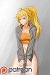  :| ahoge alfred_cullado ass_visible_through_thighs blush bottomless breasts cleavage closed_mouth clothes_pull cowboy_shot drawstring grey_background high_ponytail highres hood hoodie large_breasts long_hair long_ponytail looking_away midriff navel patreon_logo ponytail purple_eyes rwby solo tank_top thighs watermark web_address yang_xiao_long zipper zipper_pull_tab 
