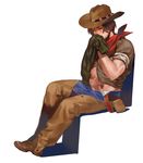  1boy erection hat masturbation mccree_(overwatch) overwatch penis penis_grab sitting solo 