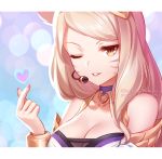  1girl ahri artist_name bare_shoulders blush breasts brown_eyes choker cleavage collarbone commentary fingernails hand_up headset heart league_of_legends light_brown_hair long_hair looking_at_viewer medium_breasts nail_polish one_eye_closed pink_nails purple_choker rimuu slit_pupils solo watermark web_address whisker_markings 