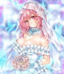  artist_name at_classics blue_bow blue_neckwear blush bouquet bow bowtie breasts bridal_veil bride bug butterfly cleavage closed_mouth detached_collar dress flower gloves head_tilt holding holding_bouquet insect large_breasts looking_at_viewer pink_eyes pink_hair saigyouji_yuyuko sample smile solo strapless strapless_dress touhou traditional_media upper_body veil watermark wedding_dress white_gloves 