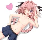  astolfo_(fate) boxers braid fang fate/apocrypha fate_(series) flat_chest hair_intakes hand_on_hip long_hair looking_at_viewer male_focus male_underwear navel nipples one_eye_closed open_mouth otoko_no_ko piercing pink_eyes pink_hair pointy_ears single_braid smile solo tamayan topless tsurime underwear 