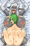  4_ears anthro bed big_breasts breasts breasts_lick breasts_squeeze butt dr.bug female female/female fur green_hair grey_fur hair human lactating long_hair mammal milk multi_ear nipples pillow red_eyes side_boob tongue tongue_out unknown_species 