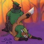  2017 anthro bear belt bent_over butt canine clothed clothing digital_media_(artwork) disney erection fox fur gloves_(marking) imminent_sex little_john looking_at_viewer male male/male mammal markings open_mouth penis robin_hood robin_hood_(disney) shabnack_(artist) socks_(marking) sunrise tail_grab white_fur 