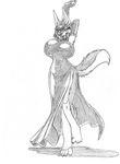  2017 anthro arms_above_head armwear barefoot big_breasts breasts canine claws clothing dress elbow_gloves female fingerless_gloves gloves greyscale hair inner_ear_fluff jackal looking_at_viewer mammal monochrome nipple_bulge on_one_leg open_mouth open_smile rheoryn rubber short_hair simple_background smile solo standing toe_claws wolfkidd 