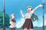  :d asymmetrical_hair baseball baseball_mitt blue_sky casual commentary_request cowboy_shot dated day green_hair kantai_collection lamppost long_hair multiple_girls nowaki_(kantai_collection) open_mouth pantyhose pleated_skirt shorts signature silver_eyes silver_hair skirt sky smile suzuya_(kantai_collection) takuzui 