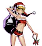  alternate_costume armpits belt blonde_hair breasts candy candy_cane christmas cowboy_shot crop_top food hat holding holding_candy_cane holding_sack kasamoto_eri looking_at_viewer metal_slug metal_slug_attack midriff navel official_art sack santa_costume santa_hat short_shorts shorts small_breasts smile solo transparent_background wristband yellow_eyes 