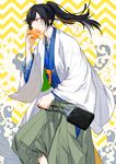  aqua_eyes bag black_hair blush eyeshadow food fruit hakama highres holding holding_bag japanese_clothes juice kazari_tayu kimono layered_clothing leg_up long_hair looking_away makeup male_focus orange original ponytail solo sweat wave_print waves 