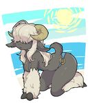  all_fours beach bikini_bottom breasts clouds furry gray_fur hair_covering_eyes hooves horns muuuuuurasaki sheep sun tail topless water white_hair 