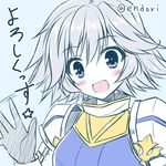  armor bangs blue_armor blue_eyes blush breasts endori farrah_(granblue_fantasy) flipped_hair granblue_fantasy looking_at_viewer medium_breasts open_mouth pauldrons short_hair silver_hair smile solo translated 