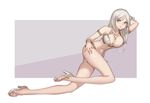  absurdres arm_up bare_legs blade_&amp;_soul breasts chyo full_body grey_eyes grey_footwear grey_hair high_heels highres large_breasts legs light_smile long_hair long_legs looking_at_viewer navel parted_lips shoes sidelocks smile solo swimsuit thighs white_swimsuit 