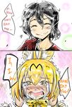 2koma animal_ears bare_shoulders black_hair blonde_hair blush bow bowtie clenched_hands closed_eyes collarbone comic commentary_request crying crying_with_eyes_open drooling english eyebrows_visible_through_hair face flying_sweatdrops gapangman gloves hair_between_eyes half-closed_eyes kaban_(kemono_friends) kemono_friends multiple_girls no_hat no_headwear nose_blush red_shirt serval_(kemono_friends) serval_ears serval_print shirt short_hair sleeveless smile snot streaming_tears tears trembling wavy_hair 