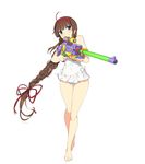  bare_shoulders barefoot blush braid full_body hairband heterochromia holding long_hair official_art one-piece_swimsuit ryoubi_(senran_kagura) senran_kagura senran_kagura_peach_beach_splash simple_background single_braid solo standing swimsuit swimsuit_skirt very_long_hair water_gun white_background white_swimsuit yaegashi_nan 