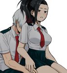  1girl black_eyes black_hair blush boku_no_hero_academia breasts couple hetero highres large_breasts multicolored_hair necktie parted_lips pleated_skirt ponytail red_hair red_neckwear saki_(c_ybrbnby) school_uniform short_sleeves simple_background sitting sitting_on_lap sitting_on_person skirt todoroki_shouto two-tone_hair u.a._school_uniform white_background white_hair yaoyorozu_momo 