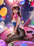  adapted_costume animal_ears animal_print ass backlighting balloon bangs bare_shoulders black_footwear black_legwear blue_background blue_leotard blurry bow bowtie breasts brown_eyes brown_hair bunny_ears bunny_print bunny_tail bunnysuit character_name cleavage collarbone confetti d.va_(overwatch) depth_of_field detached_collar eyeliner eyeshadow facepaint facial_mark fake_animal_ears freckles full_body headphones high_heels highres lens_flare leotard liang_xing light_smile lips long_hair looking_at_viewer looking_to_the_side makeup mecha medium_breasts meka_(overwatch) nose overwatch pantyhose parted_lips pink_bow pink_lips pink_neckwear realistic seiza shiny shiny_clothes shoes shoes_removed sitting sitting_on_object sleeveless solo spotlight swept_bangs tail v_arms watermark web_address whisker_markings wrist_cuffs 