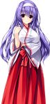  betsuin_sachiho eyebrows hair_twirling hakama haruru_minamo_ni! highres japanese_clothes long_hair long_sleeves looking_at_viewer miko official_art pink_eyes purple_hair red_hakama shintarou smile solo transparent_background wide_sleeves 