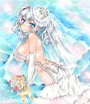  alternate_costume artist_name at_classics backless_dress backless_outfit bangs bare_shoulders blue_eyes blush bouquet breasts bridal_veil closed_mouth covered_nipples dress elbow_gloves eyebrows_visible_through_hair flower from_side gloves hair_between_eyes holding holding_bouquet jewelry kantai_collection kashima_(kantai_collection) large_breasts looking_at_viewer necklace pearl_necklace sample silver_hair smile solo traditional_media twintails veil watermark wedding_dress white_gloves 
